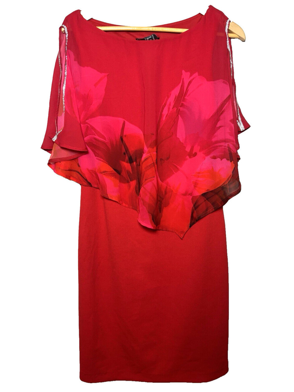 Frank Lyman Floral Cape Sheath Dress Overlay Dress Red/Fuschia - Picture 2 of 8